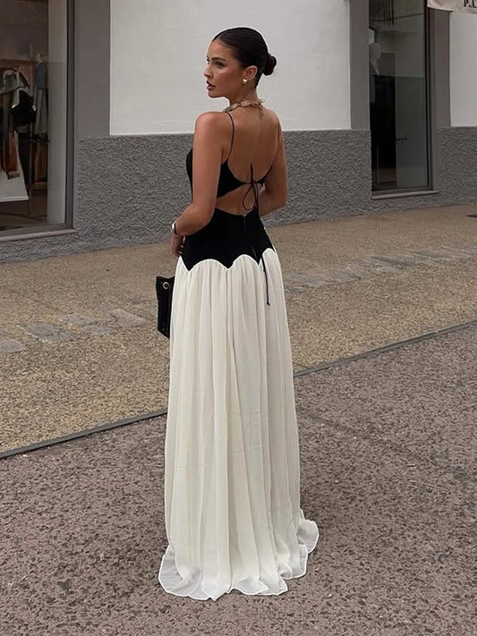 Black White Contrasting Sling Dress Women Fashion U-neck Sleeveless Pleated Hem Slim Dresses 2025 Summer Lady Party Club Vestido