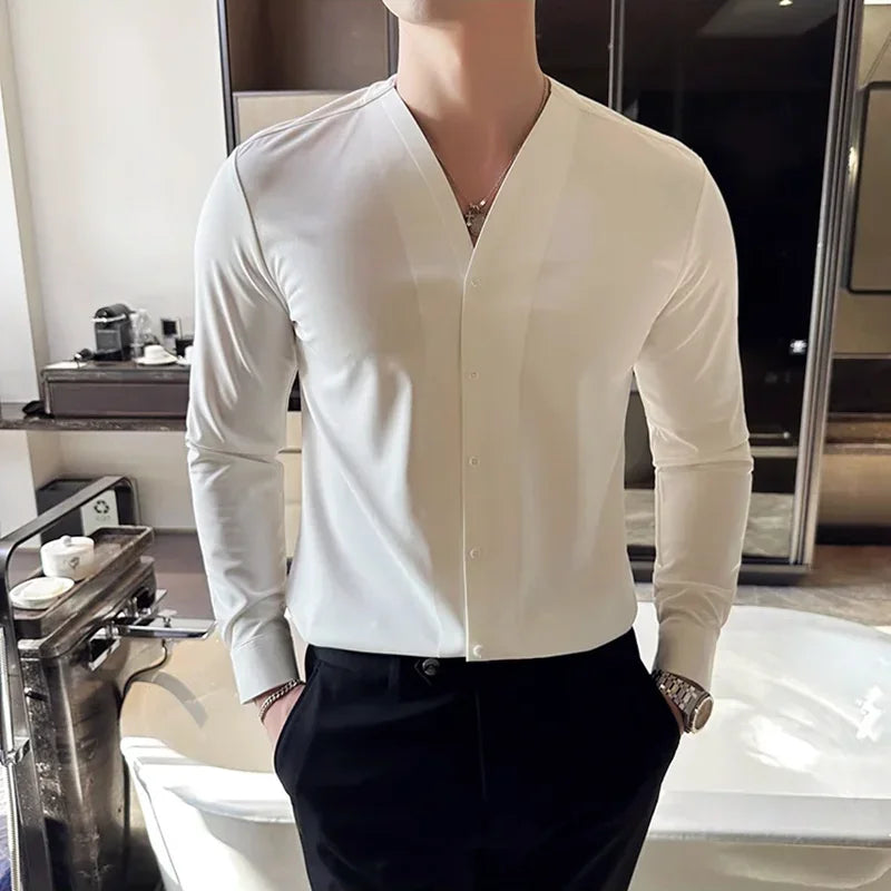 New Fashion V Neck Long Sleeve Shirts Men Luxury Traceless Gluing Slim Fit Casual Tuxedo Shirts High Quality Men Clothing 3XL-M