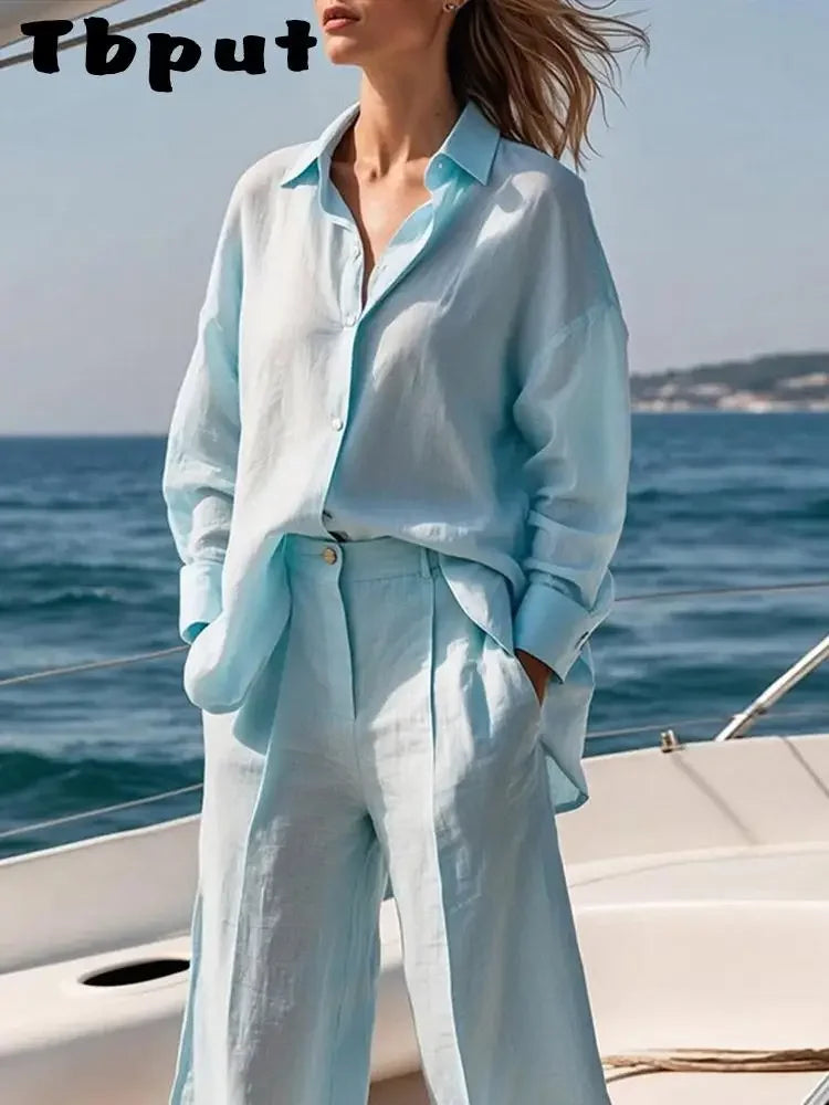 Fashion Women's Shirt Shorts Suits Long Sleeve Turn-Down Collar Button Short Pants Solid Lady Sets 2025 Summer Women Outfit