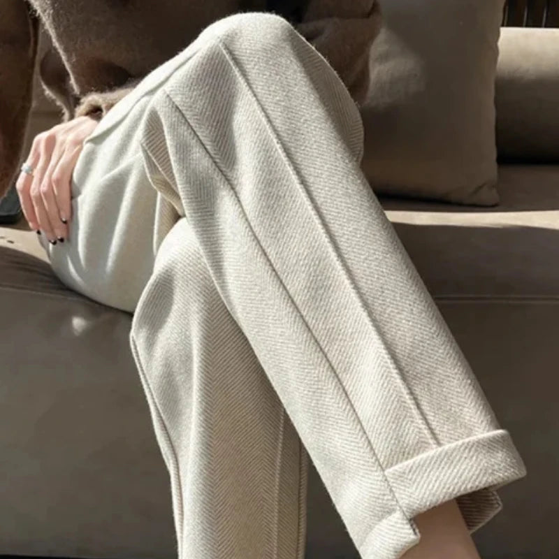 High-waisted Tweed Straight Pants 2025 Autumn/Winter New Women' S Pants Loose Casual Herringbone Warm Thickened Cropped Pants