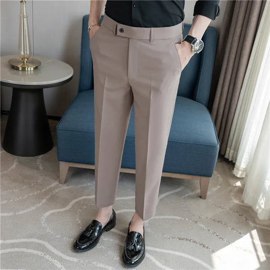 Stretch Solid Color Men's Trousers, Suitable for Business Casual, Parties, Formal Events, and Ankle-length Slim Pants.28-40