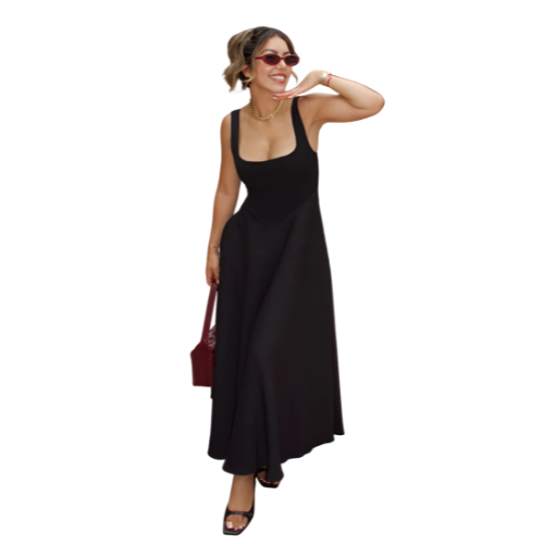 Exquisite Black A-line Maxi Dress with Square Neck